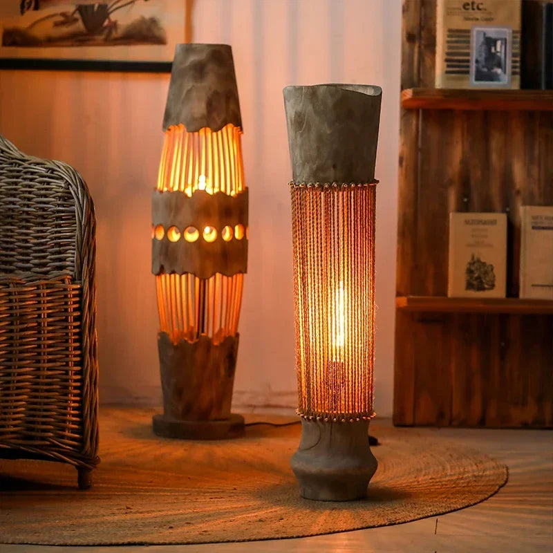 Wabi sabi Handmade wood Floor Lamp retro Hollow hemp rope lamp for Living Room Ambient Light Bedroom Boho Rustic Standing lamp