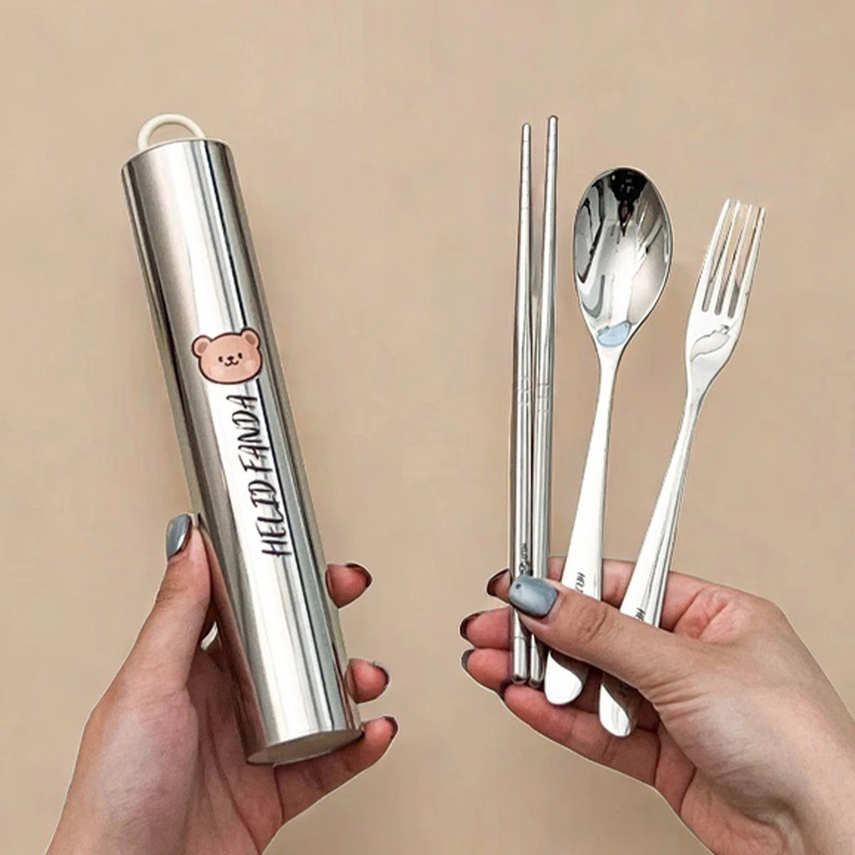 4pcs/set 304 Stainless Steel Tableware Set Portable Students Kids Cutlery Fork Spoon Chopsticks Dishwasher Safe Picnic Flatware