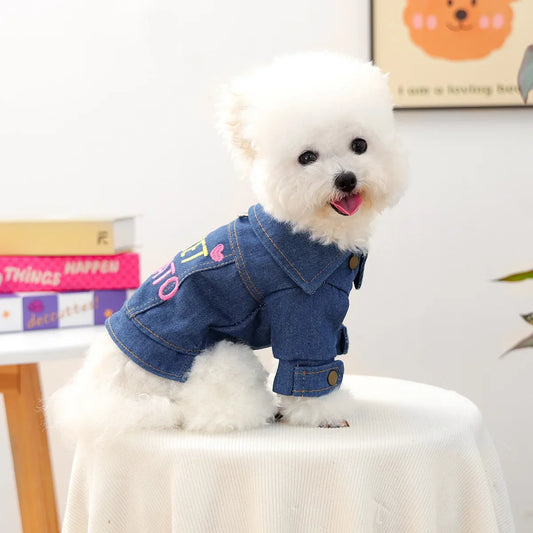 Dog Cat Denim Jacket for Small Dogs Puppies Happy Apparel Cozy Winter Clothes with Letter Print