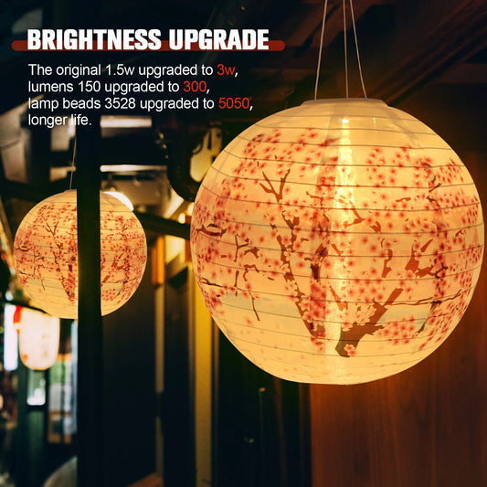 Solar Powered Cherry Blossom Lights Nylon Colth Chinese Traditional Hanging Lanterns IP65 Waterproof for Patio Garden Decor