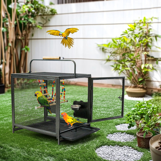 Wrought Iron Bird Travel Carrier Cage Parrot Cage with Handle Wooden Perch & Seed Guard for Small Parrots Canaries Budgies Parro