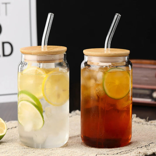 450/550ml Glass Cup with Wooden Lid and Straw Travel Transparent Bubble Tea Cup Milk Beer Can Cocktail Mug Beverage Glassware