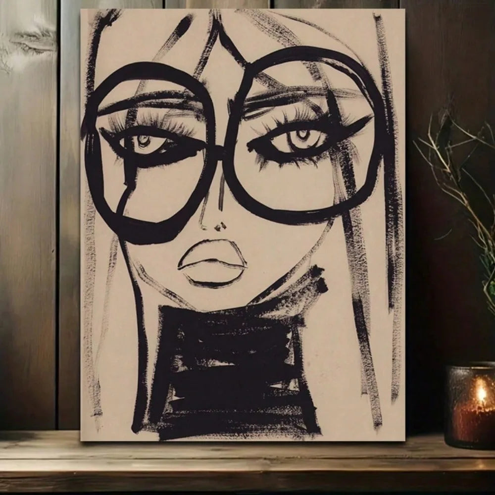 1pc Art Deco Abstract Woman w/Glasses Canvas Print,Black&White Pine Frame,Home/Office Decor,Birthday/Graduation Gift