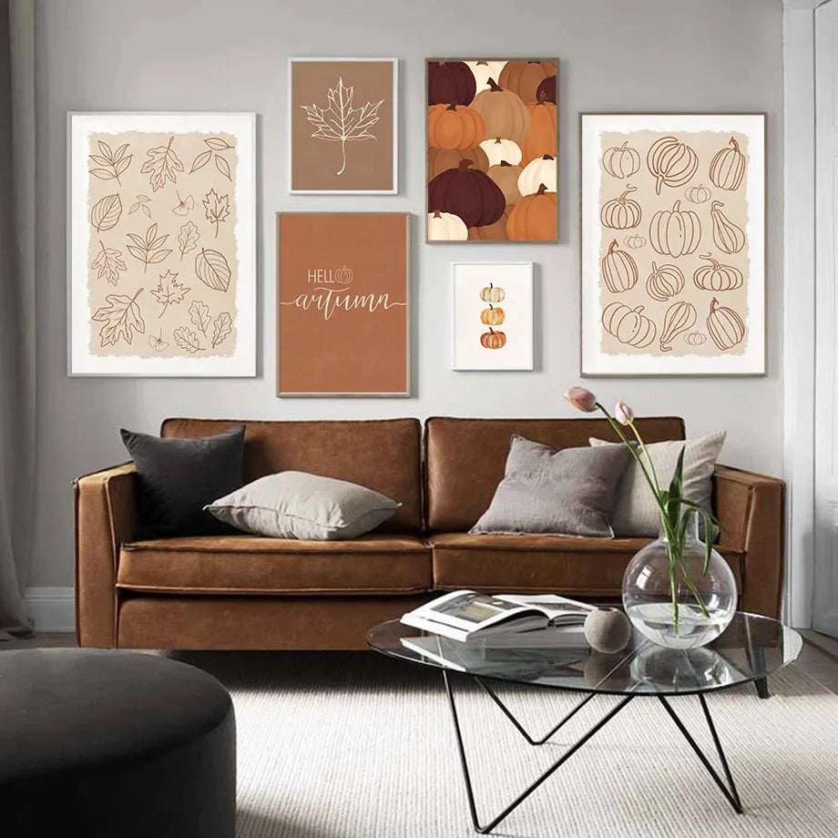 Rustic Hello Autumn Poster Fall Leaf Minimalist Fall Set Pumpkin Prints Canvas Painting Wall Art Pictures Living Room Home Decor