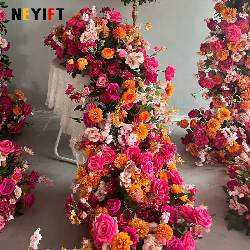 Hot Pink Orange Rose Hydrangea  Arrangement Floral Outdoor Wedding Backdrop Flower Arch Frame Decor Event Table Sofa Runner