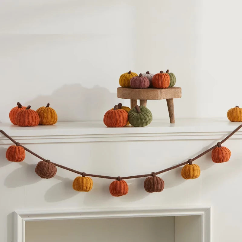 Knit Pumpkin Garland for Mantel Halloween Autumn Mantel Bookshelf Decoration Holiday Party Accessories Baby Shower Birthday Gift