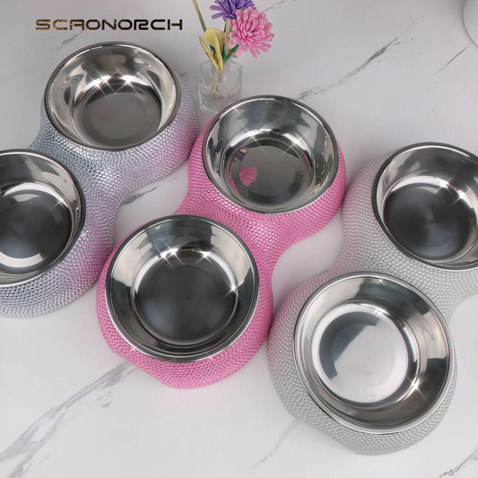 Bling Pet Cat Dog Bowl Sparkling Crystal Rhinestones Stainless Steel Double Dog Cat Food Bowl Pet Supplies
