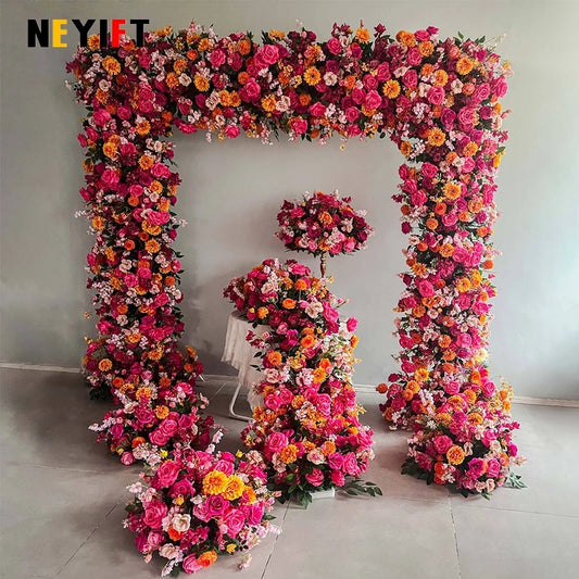Hot Pink Orange Rose Hydrangea  Arrangement Floral Outdoor Wedding Backdrop Flower Arch Frame Decor Event Table Sofa Runner