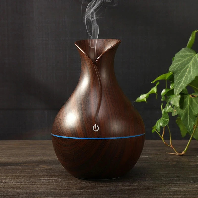 7-Color LED Wood Grain Humidifier Vase, 200ML Silent Aromatherapy Diffuser for Home, Office, and Indoor Use