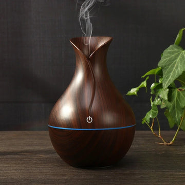 7-Color LED Wood Grain Humidifier Vase, 200ML Silent Aromatherapy Diffuser for Home, Office, and Indoor Use