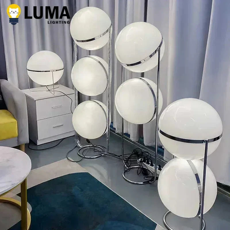 Modern Designer Chrome Floor Lamp with White Acrylic Ball Shade Modern LED Standing Light for Living Room Bedroom Bedside Decor