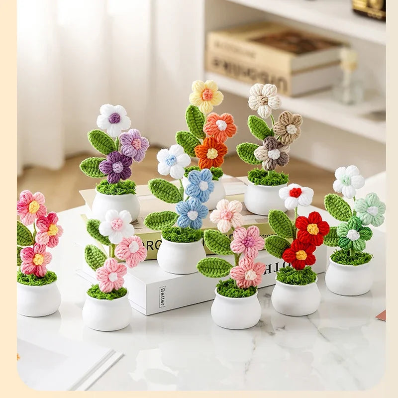 Creative Kintted Flower Potted Mini Artificial Flowers Finished Hand Woven Crochet Plant Cute Car Table Home Decor Gift