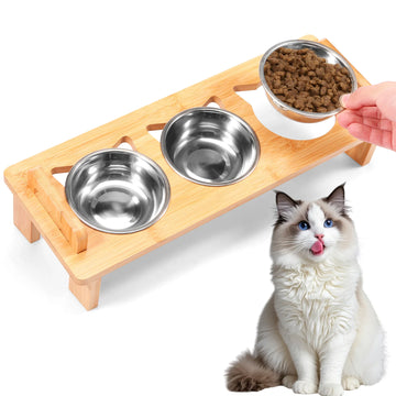 Elevated Cat Feeder Stand 3 Stainless Steel Bowls Adjustable Raised Stand Wooden Pet Dry Wet Food Water Bowl