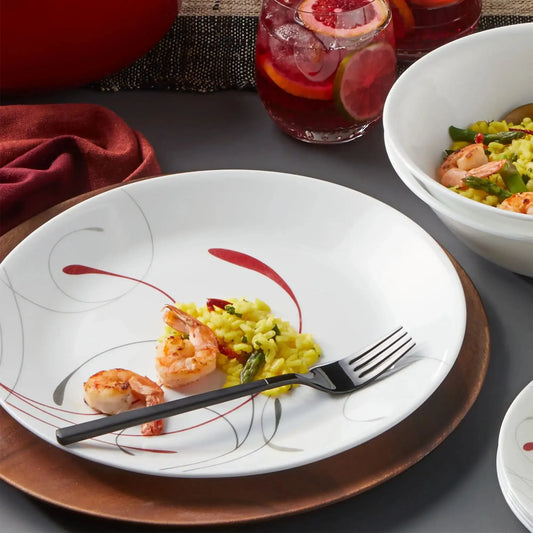White and Red Dinnerware Set, 12-Piece Round Plates and Bowls, Ceramic Dish Set, Service for 4, Durable Dishwasher Safe
