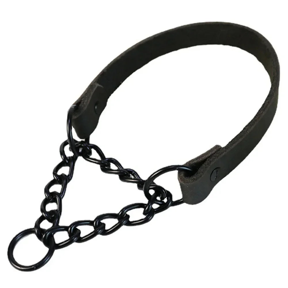 Heavy Duty Genuine Leather Dog Collar with Martingale Metal Chain No Pull Dog Training Collar Leather Martingale Collar for Dogs
