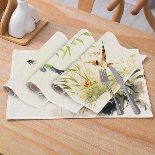 4/6/8Pcs Simple Green Bamboo Leaf Bird Print Placemat 30*45CM Linen Seasonal Spring Mats for Party Kitchen Wedding Dining Decor