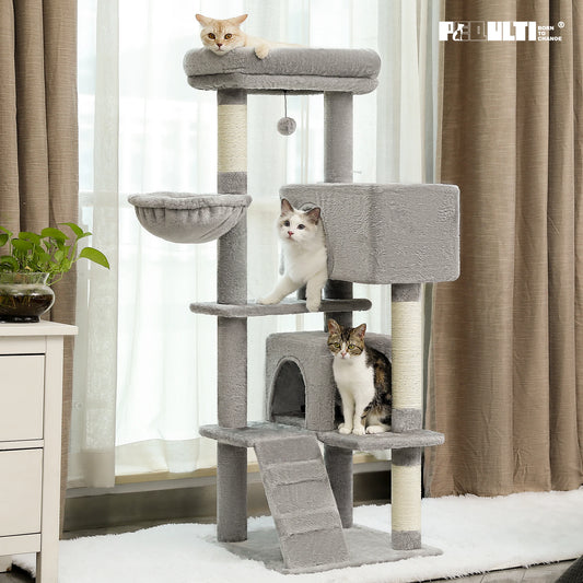 Multi-Level Cat Tree with Hammock, Soft Top Perch, Cozy Condos, Large Cat Tower, Cat Scratching Posts for Indoor, Cat Furniture