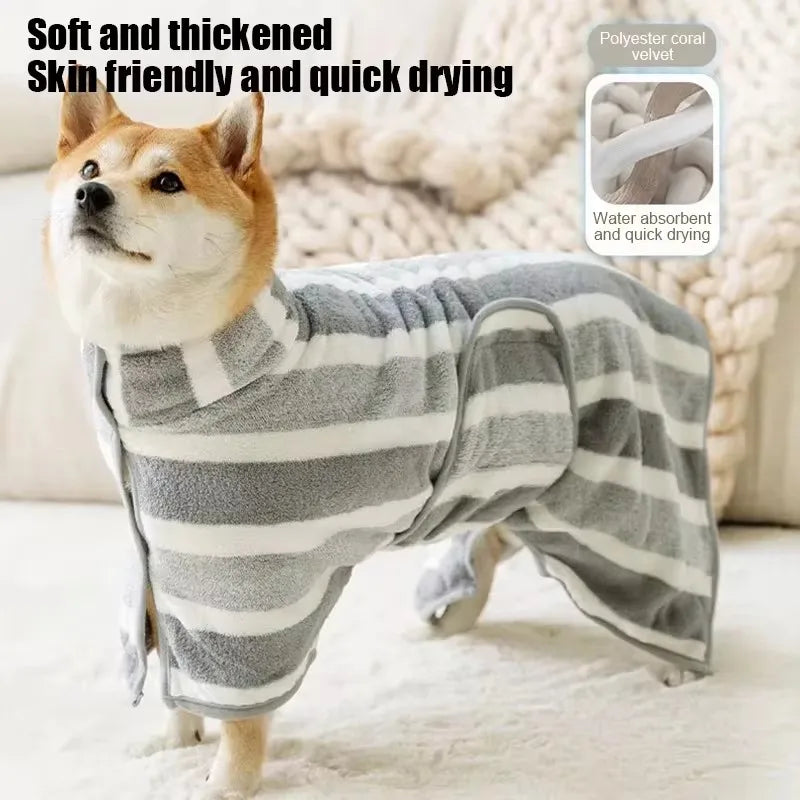 BOOTEELY Pet Polyester Coral Fleece Bathrobe Gray White Stripe Style Size L (Vacuum Packaging)