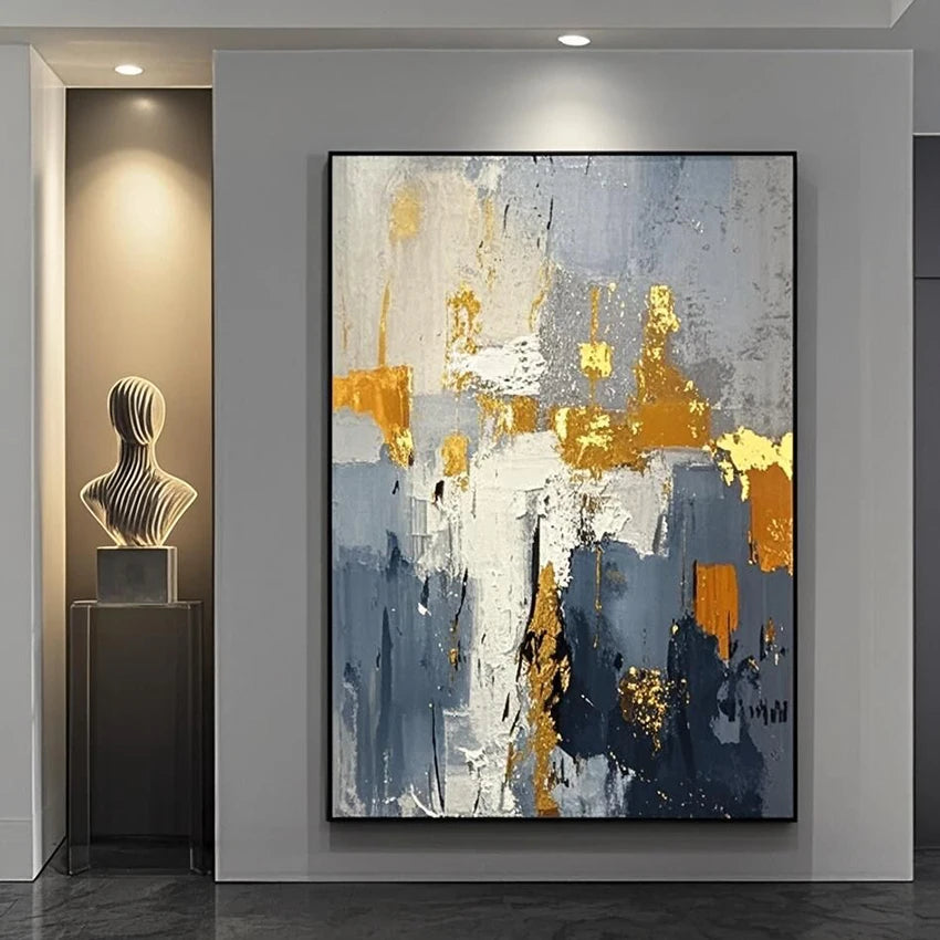 Gold Foil Textured Oil Paintings, Palette Knife Canvas Art, Abstract Design Artwork, Frameless, Wall Picture For Restaurant