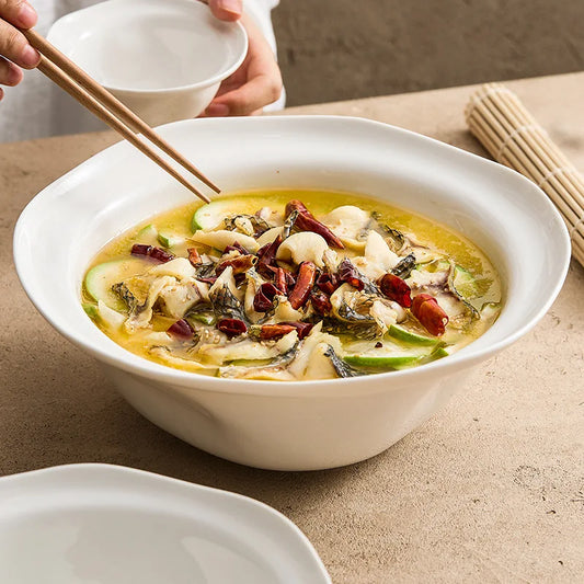 Flower Boiled Fish with Pickled Cabbage and Chili Large Pot Deep Soup Bowl Household High-Grade Tableware Ceramic