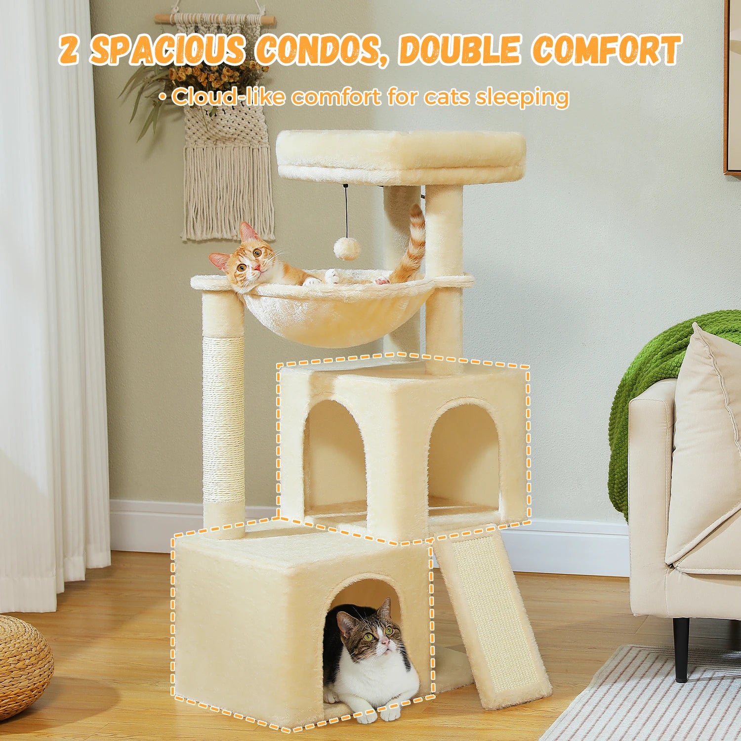 Cat Tree Tower with Spacious Condos,Durable Scratching Post,Super Large Hammock,Pompom for Extra Fun Perfect for 1-3 Indoor Cats