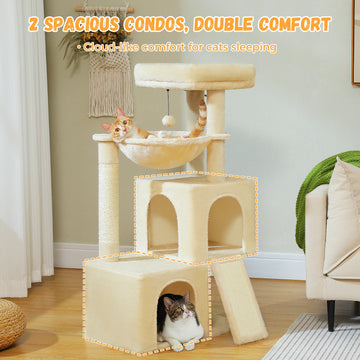 Cat Tree Tower with Spacious Condos,Durable Scratching Post,Super Large Hammock,Pompom for Extra Fun Perfect for 1-3 Indoor Cats