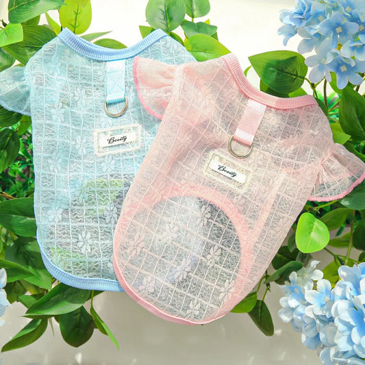 Summer Sunproof Pet Vest Elastic Pet Dog Clothes Cat T Shirt Kitty Cool Clothes Lace Mesh Flying Sleeve Costume Pink Blue Shirt