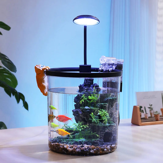 Small Round Fish Tank with Oxygenated Flowing Water Eco-Cycle Goldfish Bowl for Office And Home Desktop Living Room Aquarium