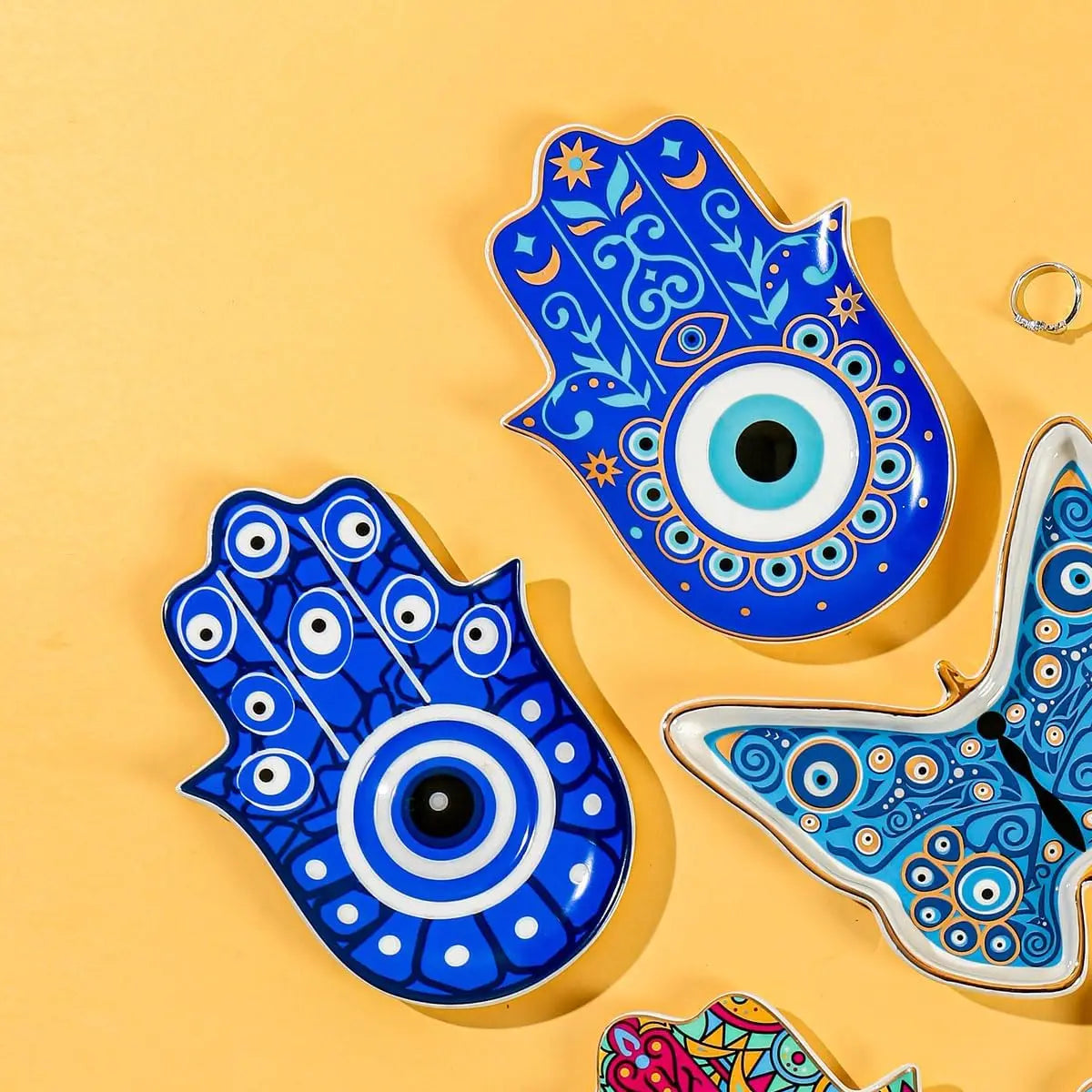 Hamsa Evil Eye Hand of Fatima Holder,Jewelry Tray, Ring Dish,Decorative White Ceramic Ring Tray for Jewelry, Key Bowl, Friends S