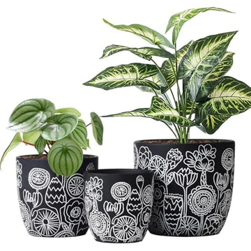 Terracotta Pots 6.5+5+4.4 Inch Plant Pots with Drainage Hole Floral Pattern Black Boho Ceramic Planters for Indoor Plants Flowe