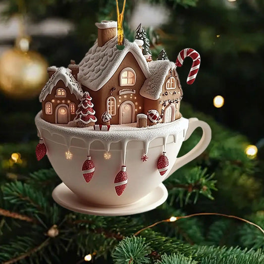Coffee Cup Ornaments Christmas Tree Pendant 2D Acrylic Christmas Snow Houses Chocolate Mug Car Decor 2025 Xmas Navidad