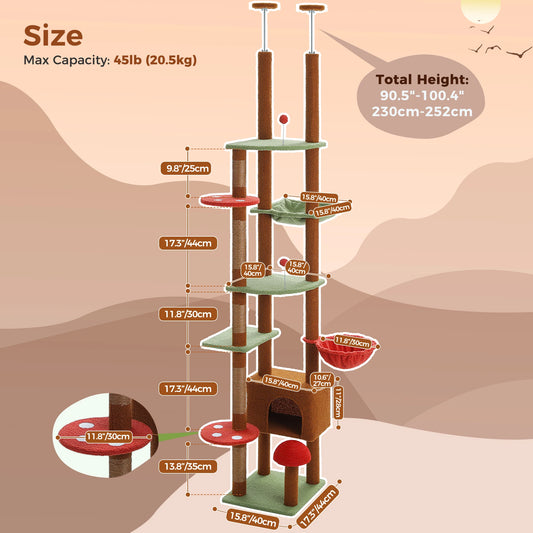 Adjustable 230-252cm Cat Tree, Floor to Ceiling Cat Condo, Hanging Ball,5 Scratching Posts,Hammock, Ample Resting Place for Cats