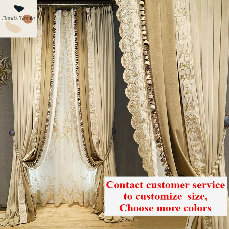 Customize European Embroidery Brown Luxury Velvet Curtains for Living Dining Room Bedroom Villa Home Window Blackout Tulle Decor