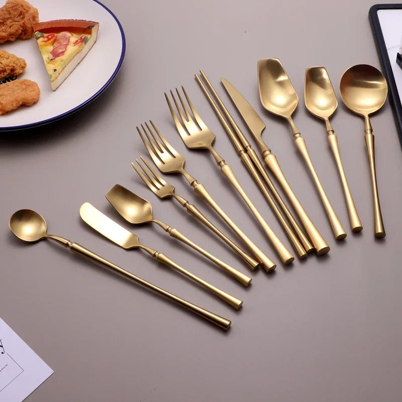 Matte Gold 18/10 Stainless Steel Luxury Cutlery Dinnerware Tableware Knife Spoon Fork Chopsticks Flatware Set Dishwasher Safe