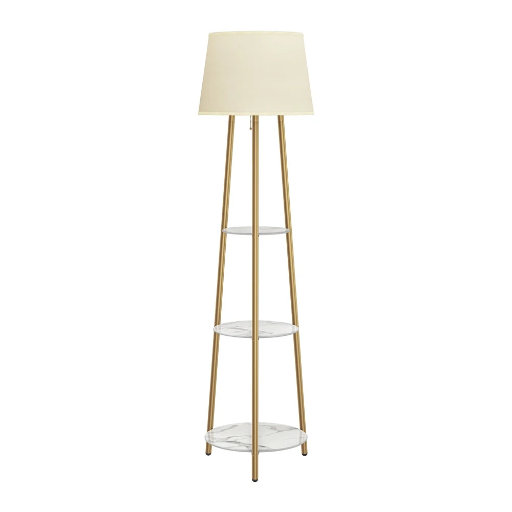 Floor lamp with shelf, modern corner display column bookshelf lamp, suitable for living room,  white marble and golden pillars