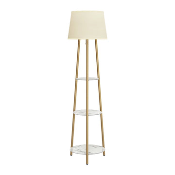 Floor lamp with shelf, modern corner display column bookshelf lamp, suitable for living room,  white marble and golden pillars