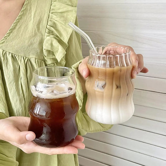 2pcs Coffee Glass Cup Ribbed Glassware Drinking Glasses Transparent Tea Juice Milk Mug Water Wine Cups For House Party Bar