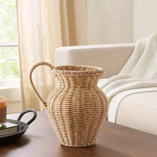 9 Inch Faux Wood Rattan Pitcher Vase Decorative Woven Design Home Decor Dried Flowers Plant Display Entryway Living Room