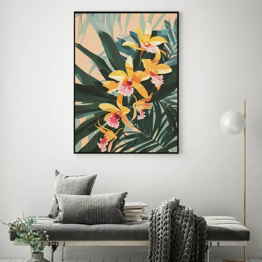 Boho Minimalist Botanical Wall Art Mid Century Modern Tropical Bamboo Lavender Orchid Canvas Print Neutral Natural Home Decor