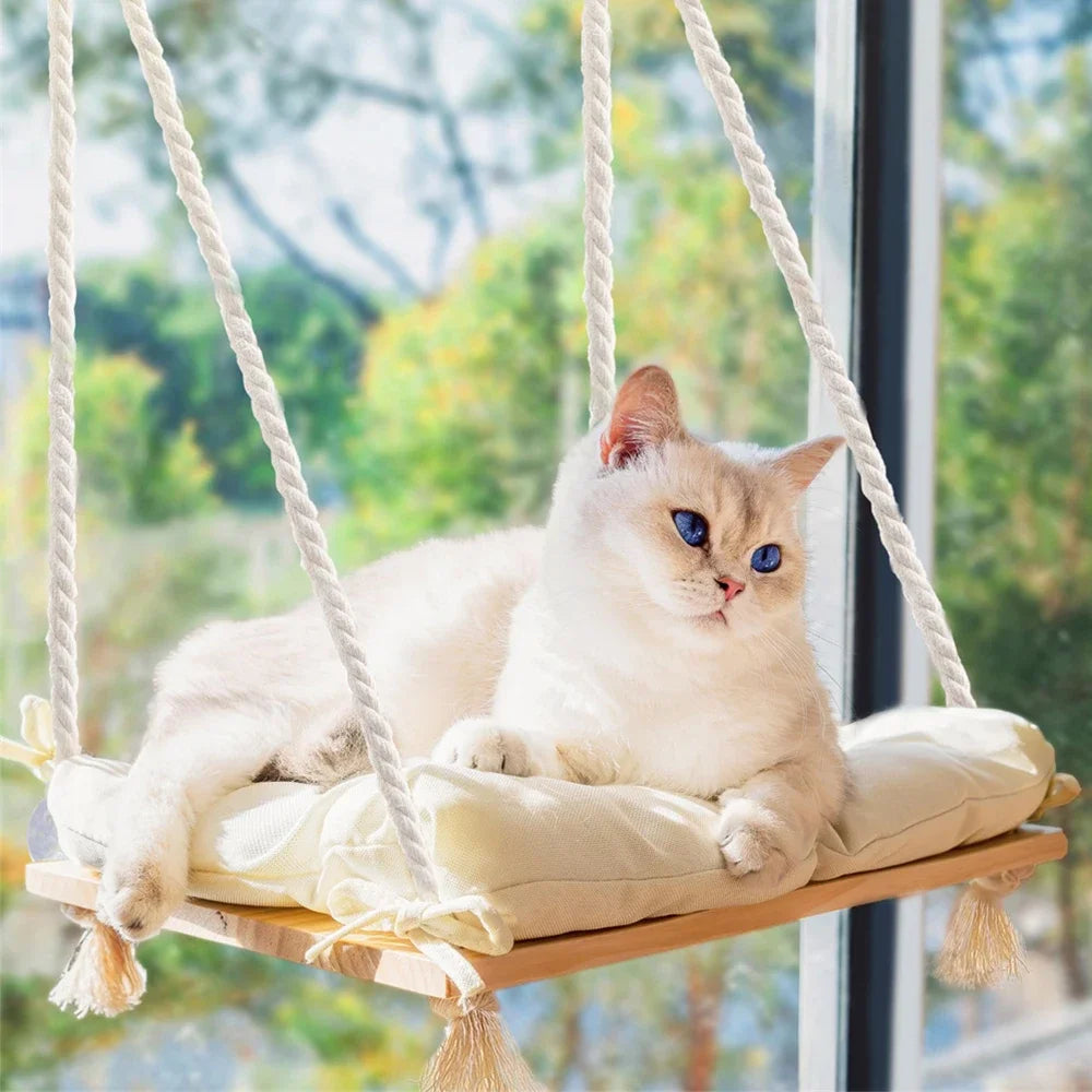 Cat Window Perch Solid Wood Hammock Bed 4 Heavy Duty Suction Cups Plush Cushion Indoor Pet Bed for Small Large Cats