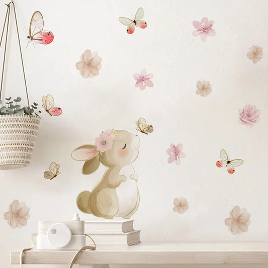 Boho Cartoon Rabbit Butterfly Flowers Wall Sticker Nursery Kids Room Home Decoration Mural Living Room Bedroom Bunny Stickers