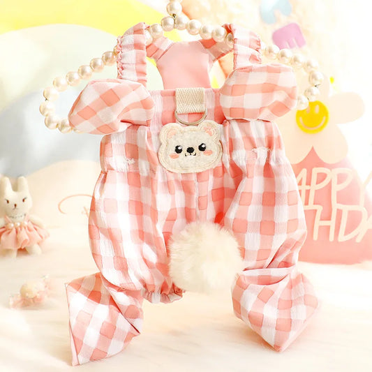 Summer Thin Plaid Dog Jumpsuit Pet Harness Clothes - Adorable Suspender Style for Small Teddy Dogs with D-ring Leash Hole