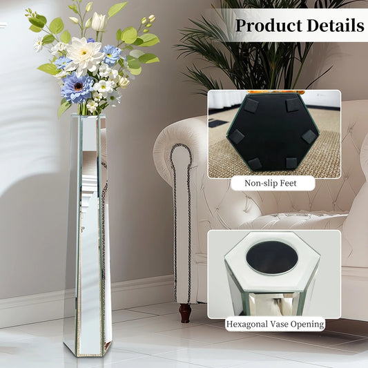 Tall Mirrored Glass Flower Floor Vase Silver Large Vase Home Decor