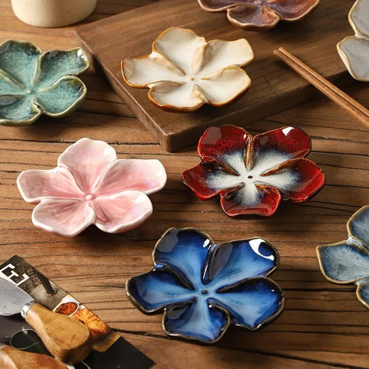 Vintage Ceramic Craft Dish Flower Shaped Small Bowl Creative Dipping Sauce Small Plate Multi-color Kiln Transformed Dish Gift
