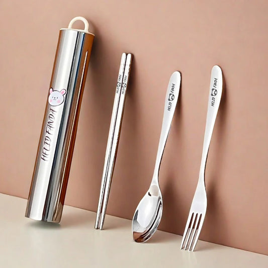 4pcs/set 304 Stainless Steel Tableware Set Portable Students Kids Cutlery Fork Spoon Chopsticks Dishwasher Safe Picnic Flatware