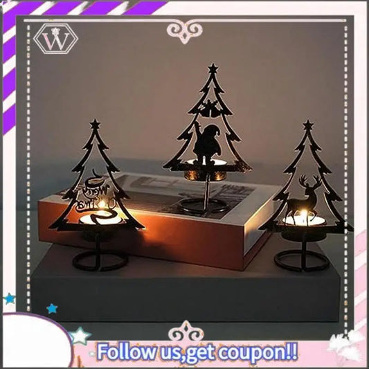 Y74A-Metal Candle Holder Christmas Matle Table Centerpiece Reindeer Christmas Tree Santa Clau Dinner Tea Light Holder Easy Insta