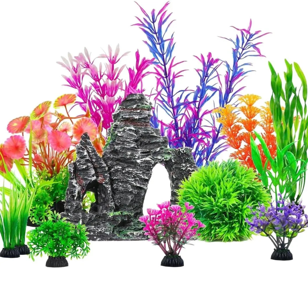 8/12/13PCS Complete Aquarium Decor Set - Plastic Plants & Resin Rock Caves Kit for Fish Tank, non-poisonous Aquascape Ornaments