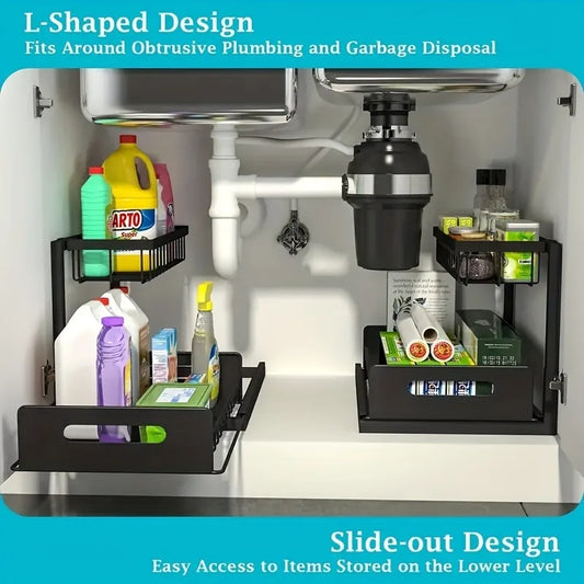 2-Tier Sliding Under Sink Shelf Pull-Out Cabinet Organizer Durable Metal Storage Rack for Kitchen Bathroom Storage Solutions