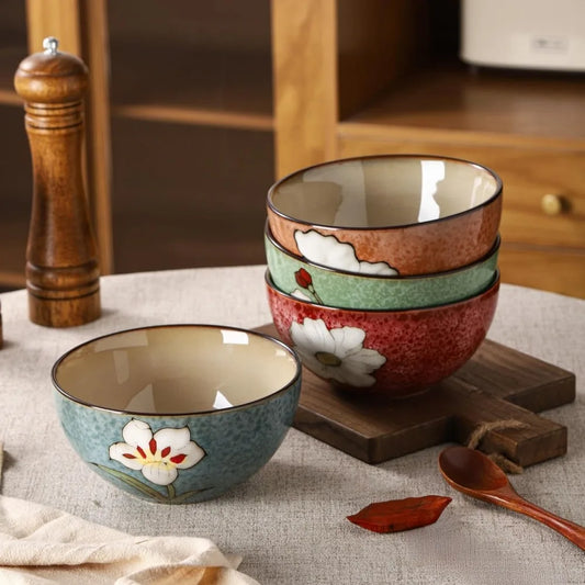ceramic soup bowls for kitchen, 28oz flower bowls set of 4, suitable for breakfast, lunch, dinner, ideal for ramen, cereal, past