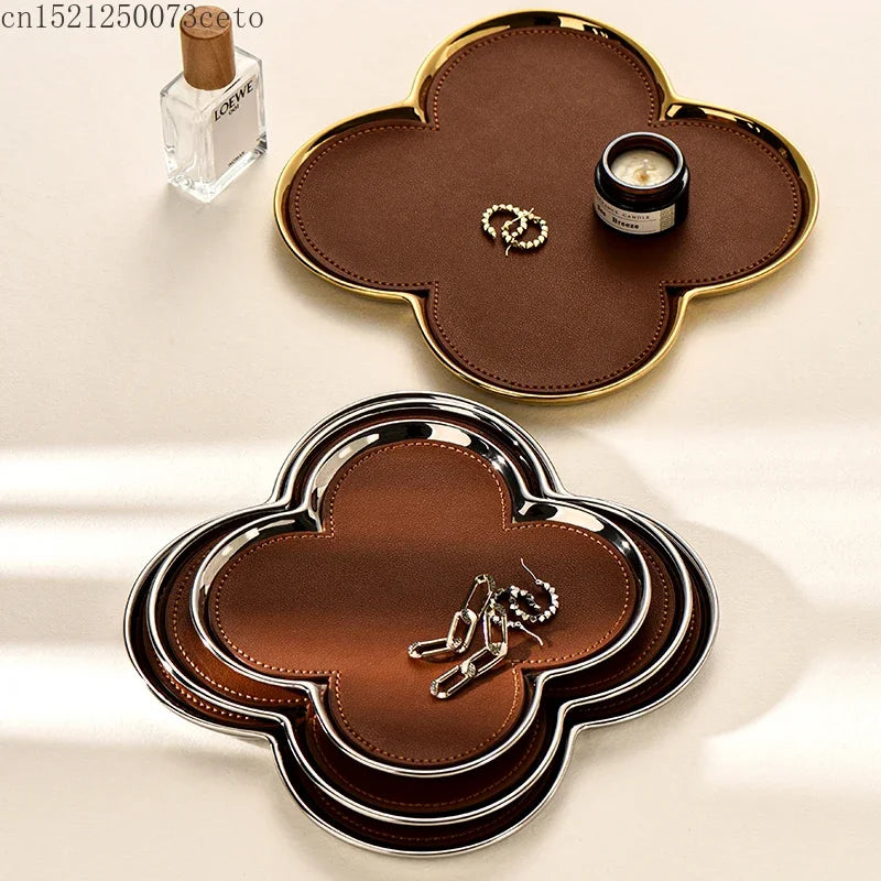European style luxury four leaf clover ceramic leather jewelry aromatherapy storage tray living room entrance key tray ring dish